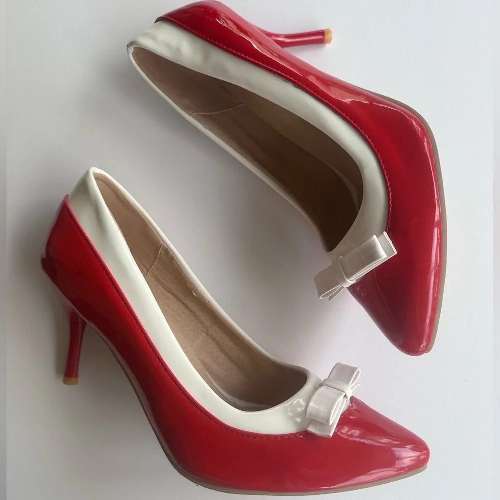 Women Classic Pumps Bowtie Patent Leather Closed Pointed Toe High Heel Shoes 10 - Picture 6 of 7